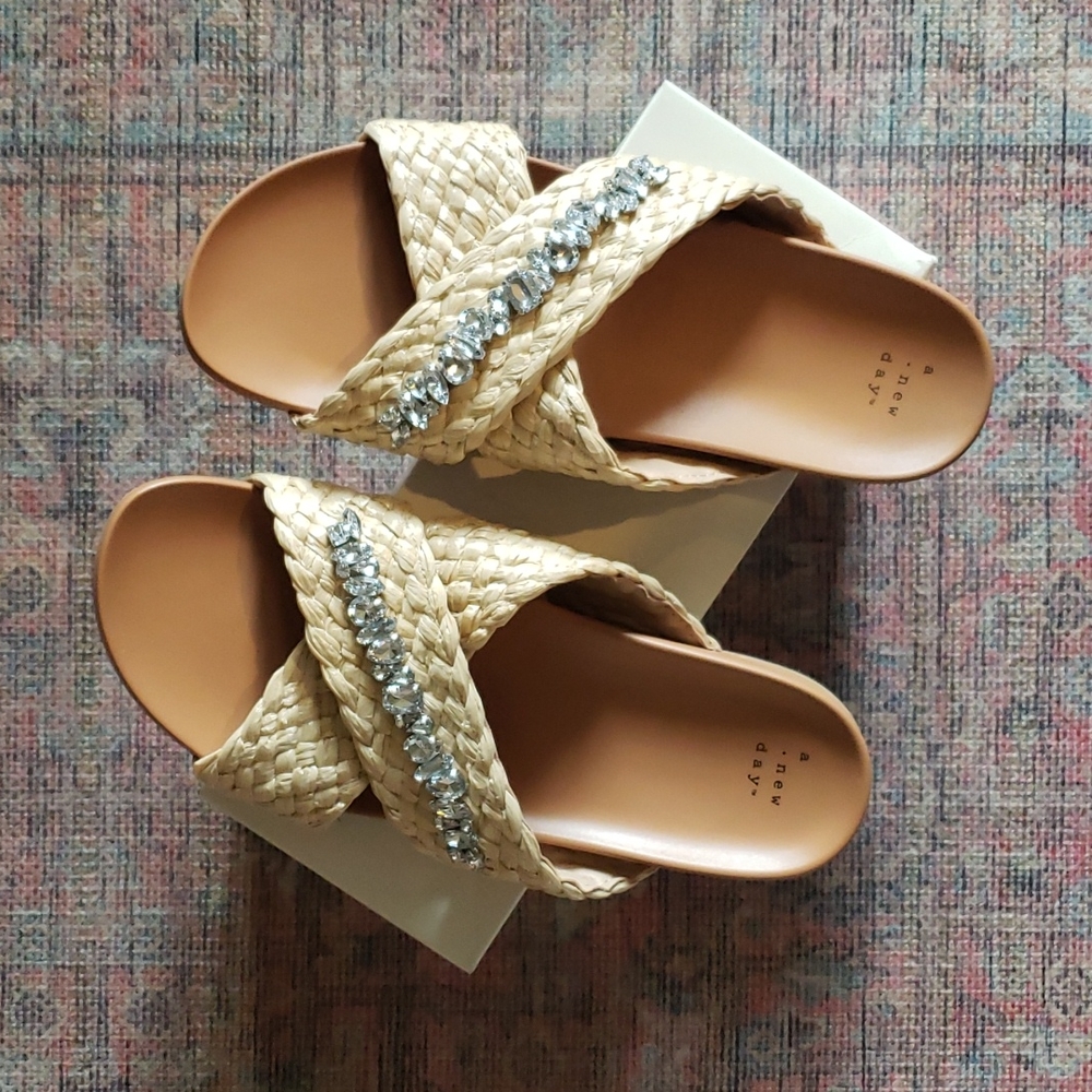 Raffia Criss Cross Slide Sandal w/ Embellishments